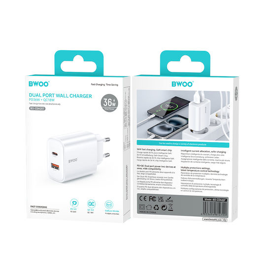 BWOO Зарядно без кабел с USB-A порт и USB-C порт 36W Power Delivery Бял (CDA207)