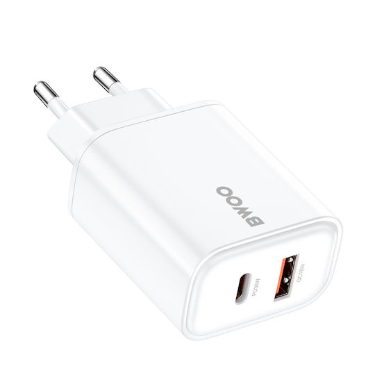BWOO Зарядно без кабел с USB-A порт и USB-C порт 36W Power Delivery Бял (CDA207)