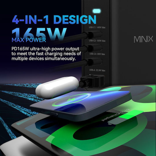 Minix GaN Wireless Charger with USB-A Port and 3 USB-C Ports 165W Power Delivery / Quick Charge 5.0 Black (P165 US)