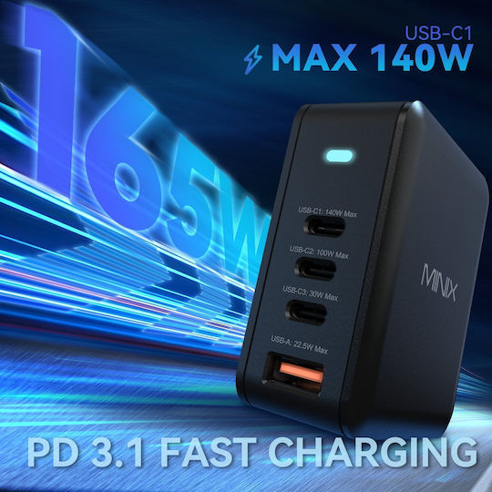 Minix GaN Wireless Charger with USB-A Port and 3 USB-C Ports 165W Power Delivery / Quick Charge 5.0 Black (P165 US)