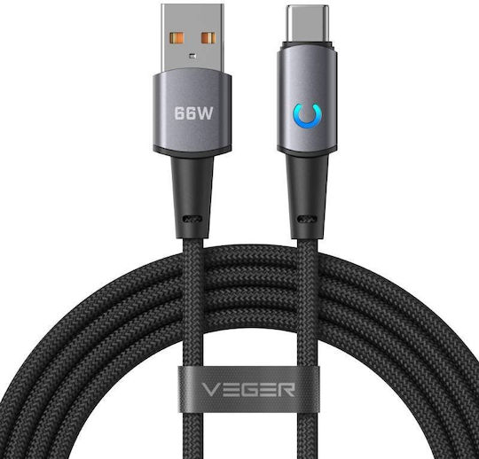 Veger Cablu Braided / LED USB 2.0 USB-C tată - USB-A 66W PD Negru 1.2m AC1-ZSD