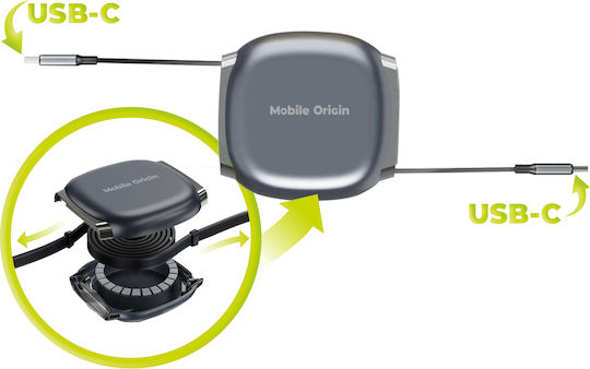 Mobile Origin Retractable USB 2.0 Cable USB-C Male - USB-C 100W Grey 0.25m MO-CB7-SPG