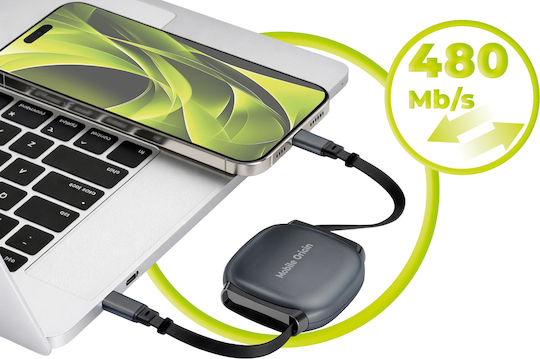 Mobile Origin Retractable USB 2.0 Cable USB-C Male - USB-C 100W Grey 0.25m MO-CB7-SPG