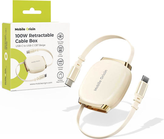 Mobile Origin Retractable USB 2.0 Cable USB-C Male - USB-C 100W Beige 0.25m MO-CB7-BG