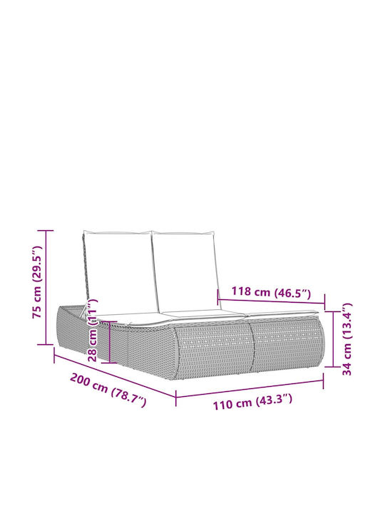 Șezlong Dublu Rattan Cu Pernă Maro 110x178cm