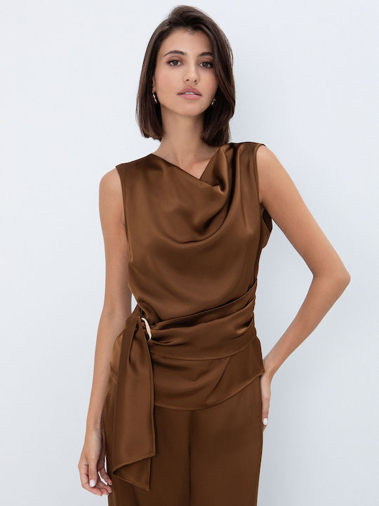 Damen Bluse Satin Drapierung Braun