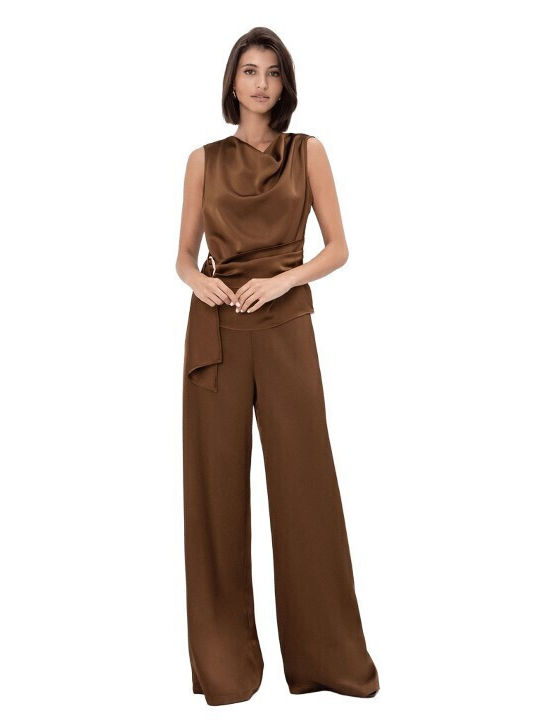 Damen Hochbund Satin Pantaloons mit Gummiband in Gerader Bein Stil Braun