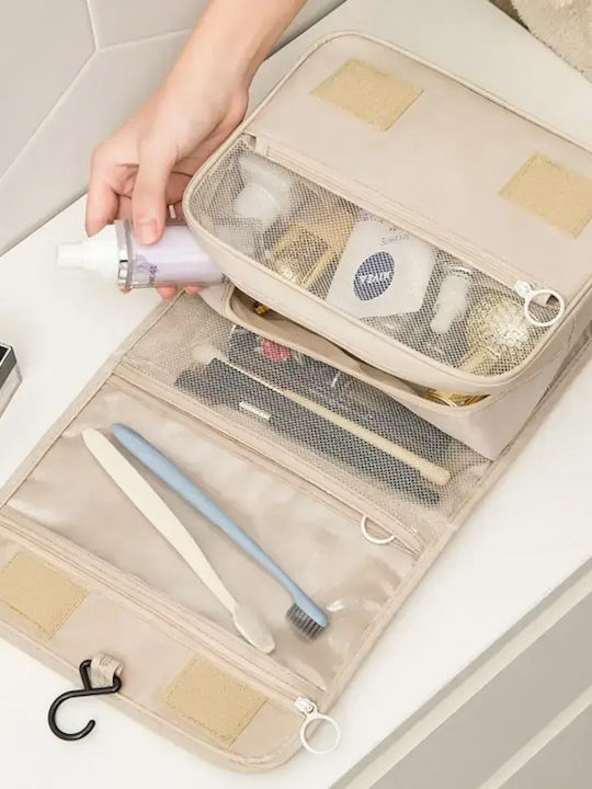 Abyz Neseser Cosmetic De Călătorie Pliabil Cu Cârlig Rezistent La Apă Cu Compartimente Multiple Bej 24x19x9cm