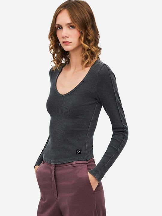 Bluza Damă Bumbac Mânecă Lungă Cu Decolteu În V Vintage Neagră