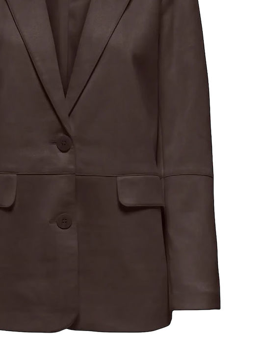 Only Langes Damen Leder Blazer Braun
