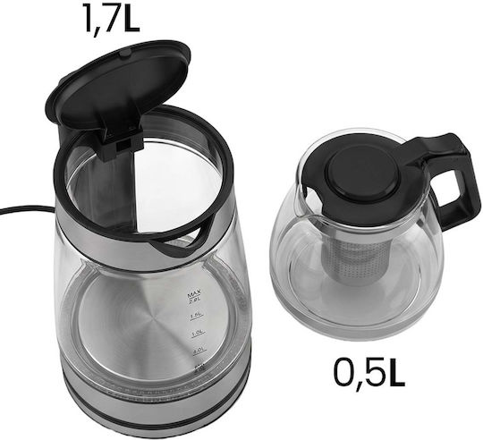 1.7l Elektrischer Wasserkocher Teekanne 2200w Glas-Infuser 360° Drehbare Basis Schwarze
