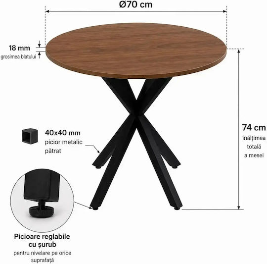 Asterixa Masă Rotundă Pentru Bucătărie Din Lemn Cu Ramă Metalică Neagră 70x70x74cm