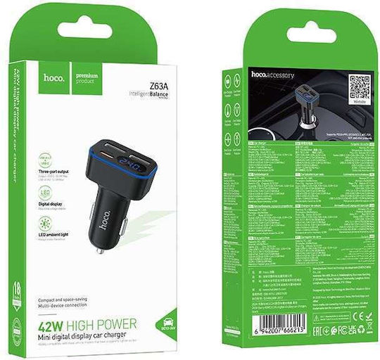 Hoco Z63A Autoladegerät 42W Schnellladen mit Anschlüssen: 2xUSB-A 1xType-C Schwarz Farbe