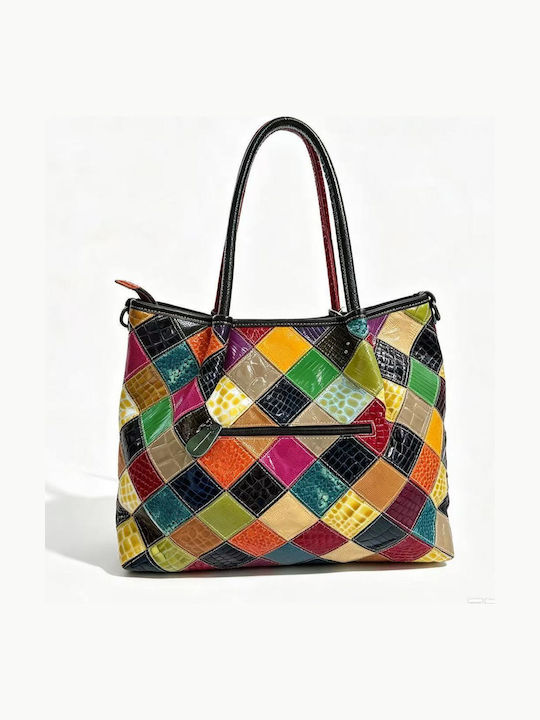 Leder Damen Tote Tasche Croco Mehrfarbig
