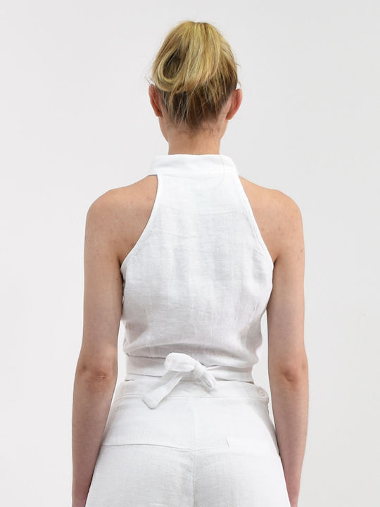 Damen Sommer Leinen Bluse Weiß