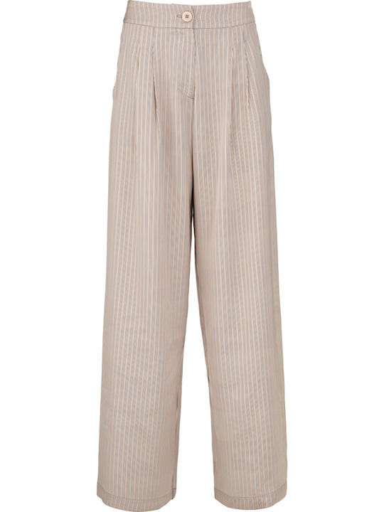 Γυναικεία Σατέν Παντελόνα Ριγέ Beige