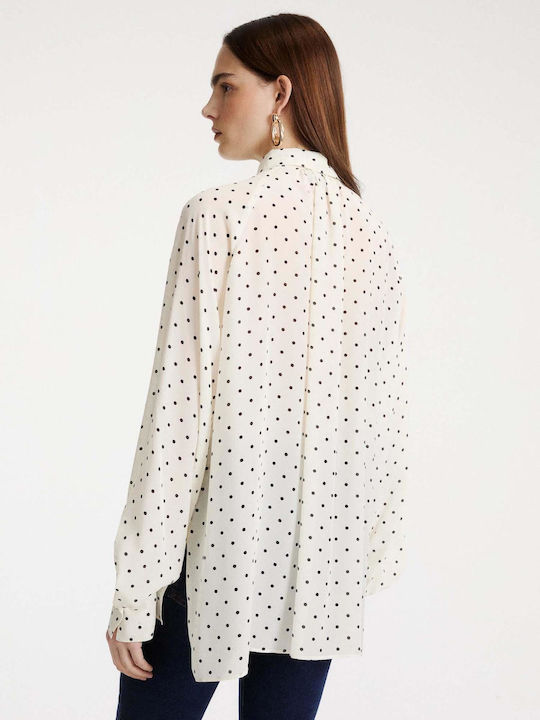 Long Sleeve Women's Silky Shirt White Polka Dot