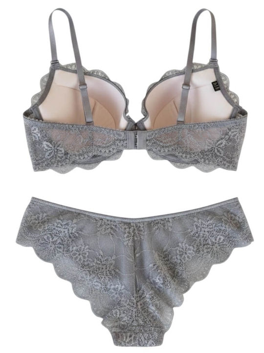 Jadea Lace Underwear Set Bra With Grey Slip Argent