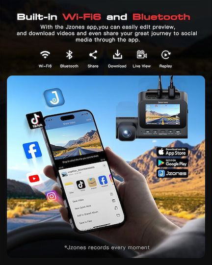 Jzones V630 Set Cameră DVR Auto 4K cu Ecran 2.4" Bluetooth Wi-Fi GPS și Cameră Oglindă Spate