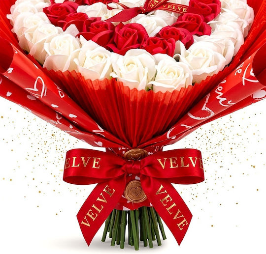 Buchet Floral De Săpun Trandafiri În Formă De Inimă Tulle Perle Înălțime 45 Cm Alb Roșu