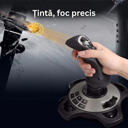 Joystick Gaming pentru PC 12 Butoane Programabile 8 Direcții Accelerație Vibrație Control de Zbor Cupe de Aspirație Usb Ergonomic Negru Gri