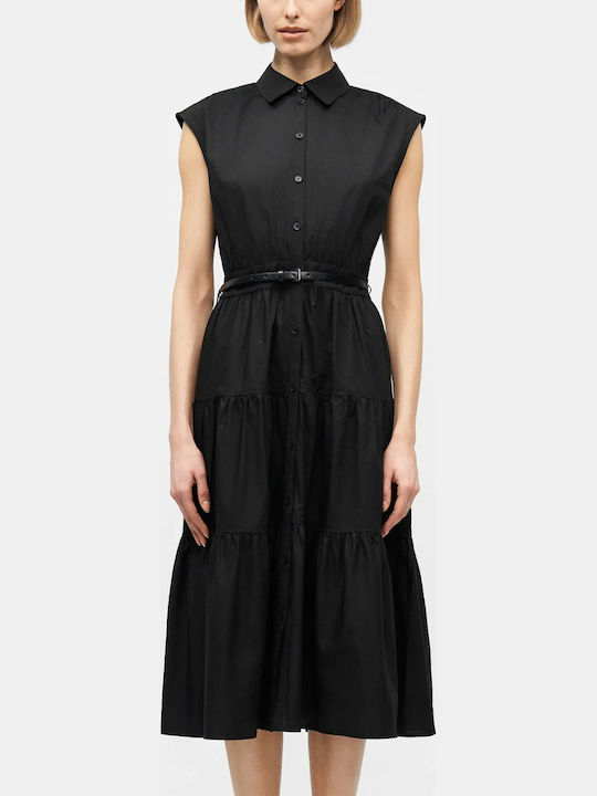 Rochie De Vară Pentru Femei Midi Rochie-Cămașă Fără Mâneci Neagră