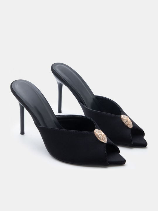 Satin Mules With High Heel In Black Colour