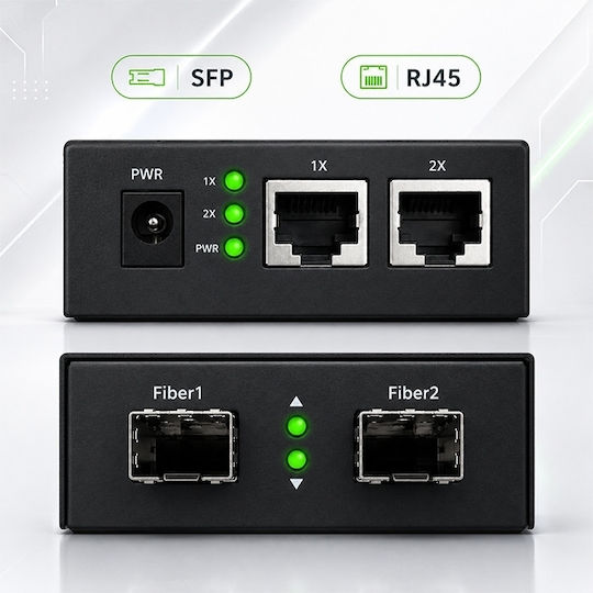 Qoltec Двунаправлен Етернет Медиен Конвертор Суич 2x RJ45 2x SFP 1000 Mb/s 5 V
