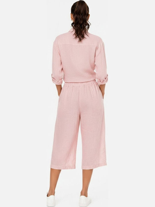 Women's Linen Capri Trousers with Rubber Band in Loose Fit Pink