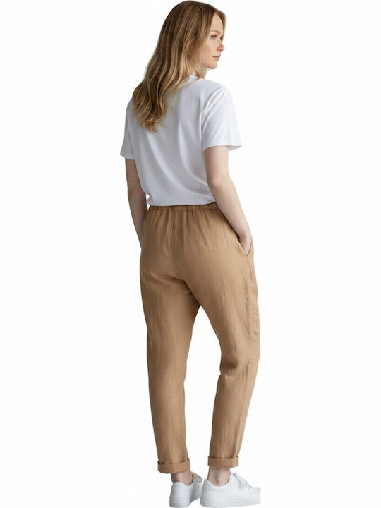 Damen Leinenhose mit Gummiband in Gerade Bein Stil Braun