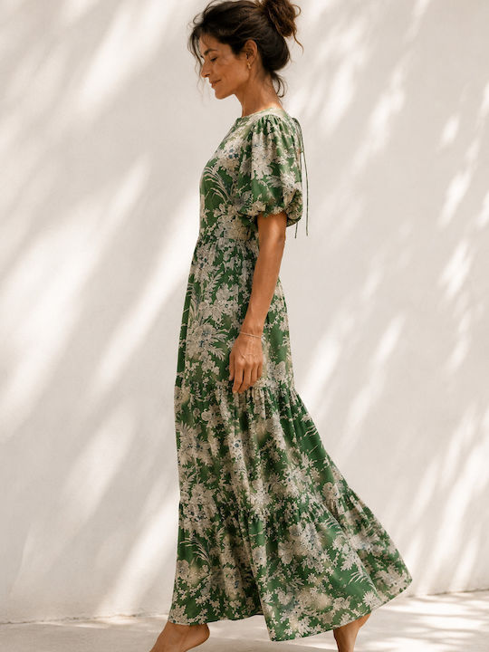 Maxi Dress with Ruffles Green Colour