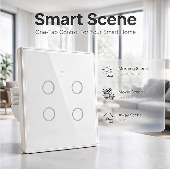 Qoltec Умен сензорен стенен ключ за осветление 4 кръга Wi-fi таймер Tuya Smart Life закалено стъкло бял