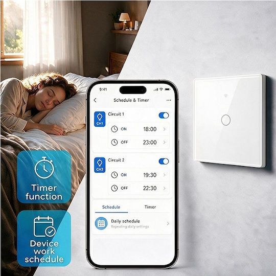 Qoltec Smart Touch Light Switch 1 Position Wi-fi Timer Tuya Smart Life Tempered Glass White