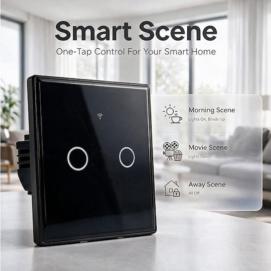 Qoltec Smart Touch Light Switch 2 Circuits Wi-fi Timer Tuya Smart Life Tempered Glass Black