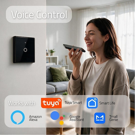 Qoltec Smart Touch Light Switch 1 Position Wi-fi Timer Tuya Smart Life Tempered Glass Black