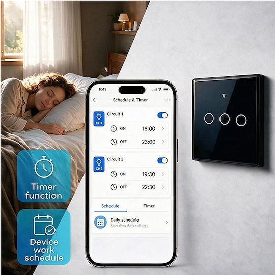 Qoltec Умен сензорен стенен прекъсвач 3 групи Wi-Fi таймер Tuya Smart Life закалено стъкло черен
