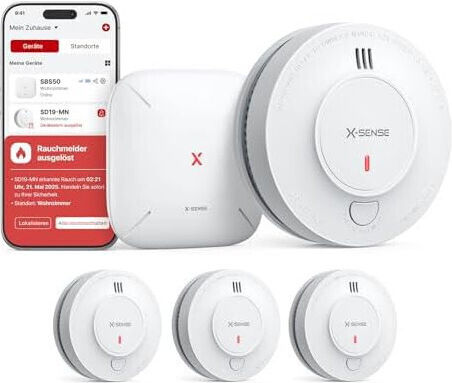 Pachet 3 Detectoare Inteligente De Fum X-sense Sd19-mn31 Stație De Bază Sbs50 – Senzor Fotoelectric Interconectat Wi-Fi/WLAN Certificat Tüv Rheinland Alertă Telefon