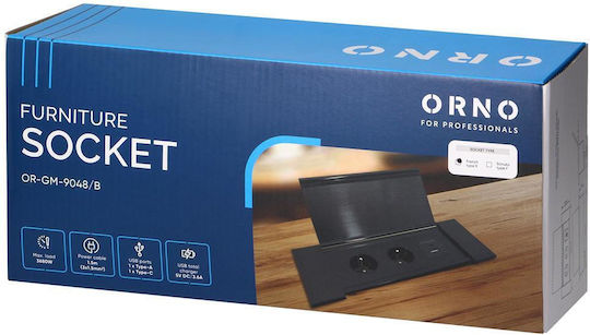 Eingebaute Steckdosenleiste auf der Arbeitsfläche Abdeckung 2x Steckdosen Schwarz 230V 2x USB-A+C 3,6A Schwarz 1,5 m
