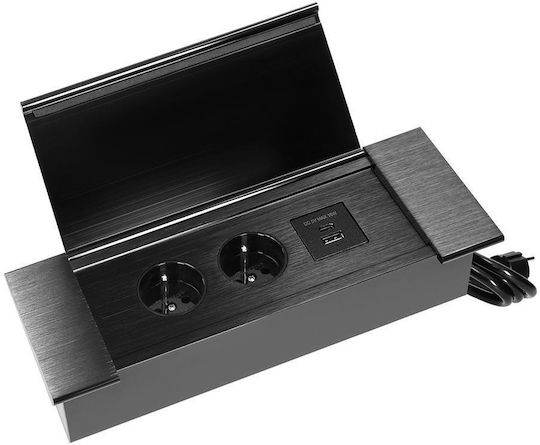 Eingebaute Steckdosenleiste auf der Arbeitsfläche Abdeckung 2x Steckdosen Schwarz 230V 2x USB-A+C 3,6A Schwarz 1,5 m