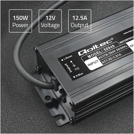 Qoltec Sursă de alimentare LED Etanș IP67 Putere 150W cu Tensiune de Ieșire 12V