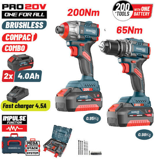 Bormann BBP5431X44T2CA Set Mașină de găurit cu impact & Șurubelniță cu impact Brushless cu 2 baterii 4Ah și husă