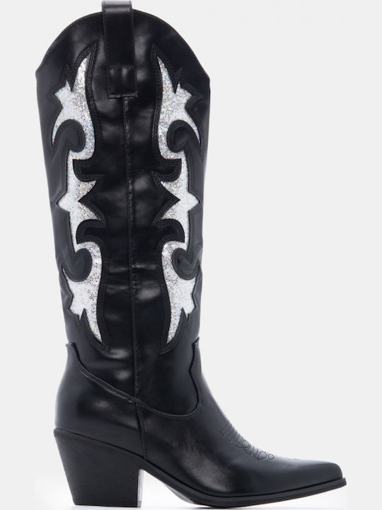 Suede Women's Boots Cowboy with Mid Heel Black