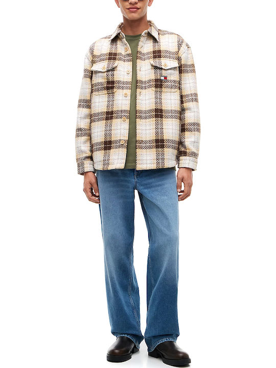 Μακρυμάνικo Τζιν Overshirt σε Oversized Γραμμή Καρό Εκρου- Καφε- Μπεζ