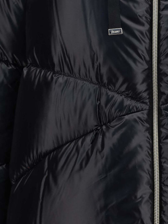 Woven Μακρύ Дамско Puffer Яке за Зима Черно
