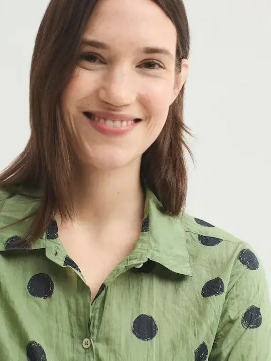Long Sleeve Women's Cotton Shirt Green Polka Dot