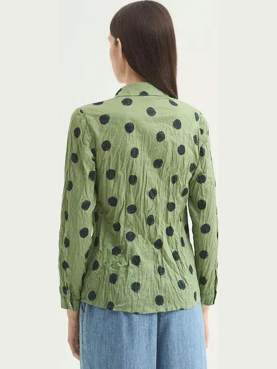 Long Sleeve Women's Cotton Shirt Green Polka Dot