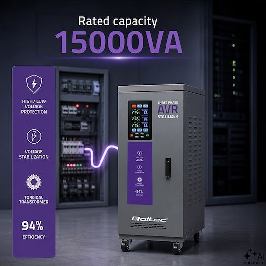 Three-phase Voltage Stabilizer Qoltec Avr Multiprotection 15 Kva Accuracy ± 3% Three-phase Servomotor Lcd Screen