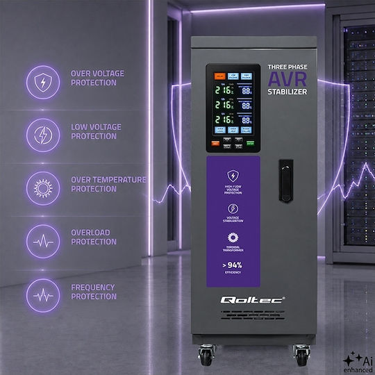 Dreiphasiger Spannungsregler Qoltec Avr Multiprotection 10 Kva Genauigkeit ± 3% Dreiphasiger Servomotor LCD Bildschirm