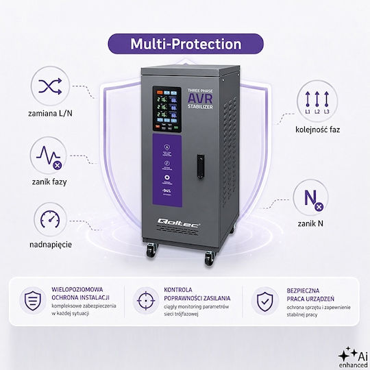 Three-phase Voltage Stabilizer Qoltec Avr Multiprotection 15 Kva Accuracy ± 3% Three-phase Servomotor Lcd Screen