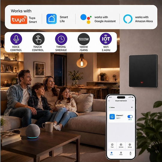 Qoltec Smart Light Switch 1 Position Wi-fi Timer Tuya Smart Life Black
